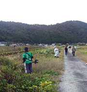 鉄道沿線に菜の花の種まき