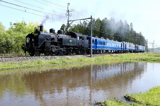 東武鬼怒川線、大谷向-大桑間を走行する、車掌車の連結がなくなったC11-123号機を先頭とする「SL大樹」